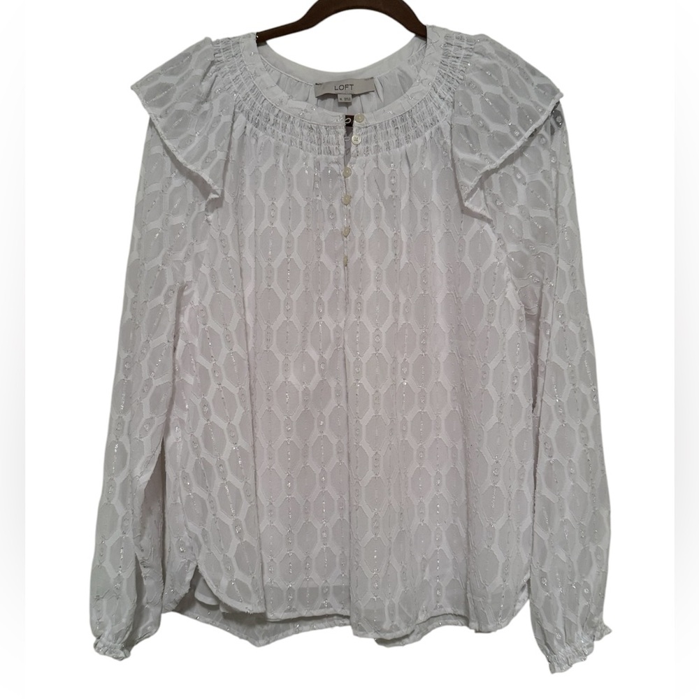 Loft XL White Metallic Peasant Victorian Cottagecore Blouse Long Sleeve Ruffle